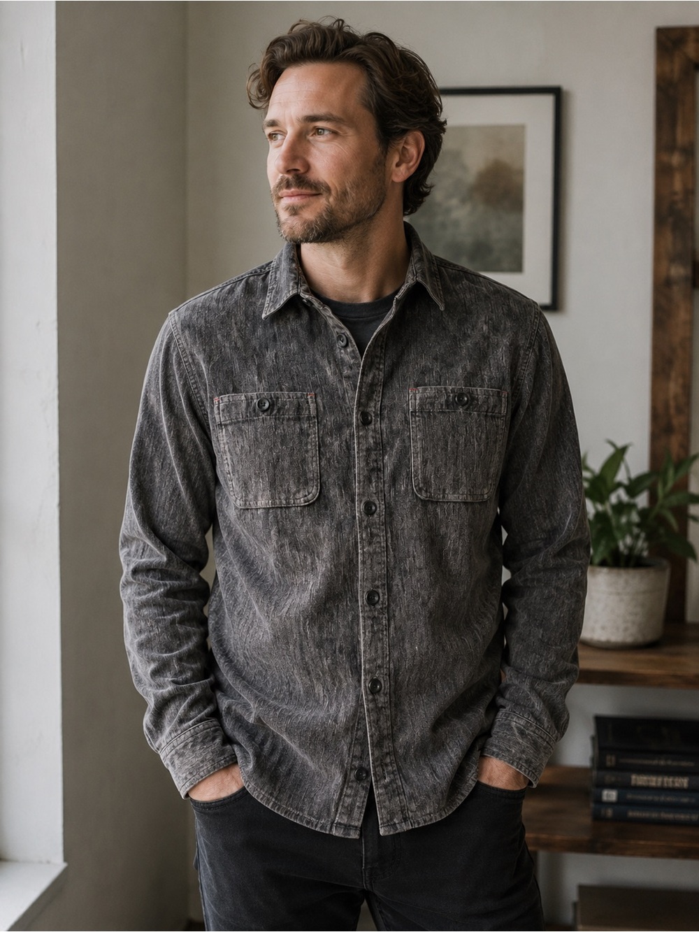 True Grit Men's velvet Charcoal Grey Button-Down Work Shirt